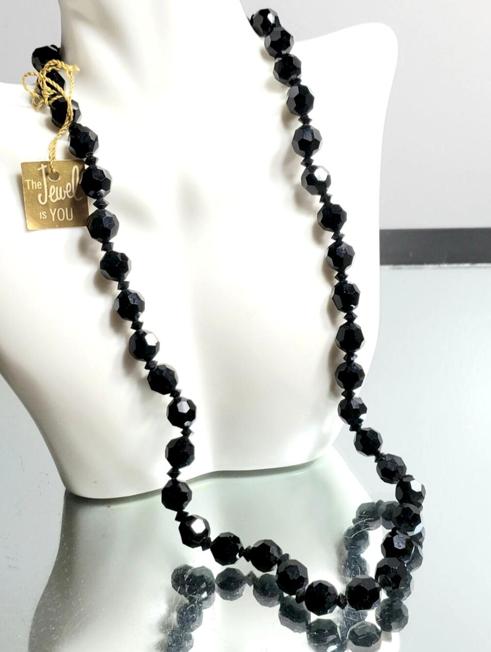 Vintage Black Glass Beaded Necklace, 22" Original Hang tag, Mid-century bk01-17